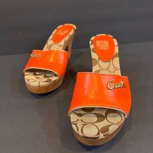 Coach Kathie Heels Orange Leather Logo Slide Sandals Size 8B